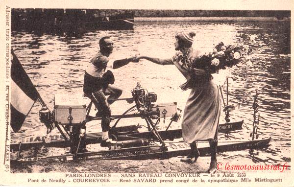 Savard prend congé de la sympathique Melle Mistinguett au départ du raid Paris-Londres